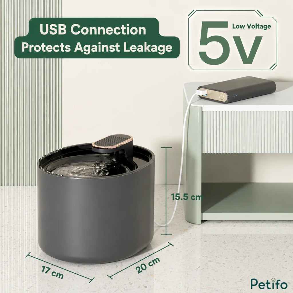 Dimensions diagram of 3L Petifo dog water fountain showing 17 x 20 x 15.5 cm measurements and 5V USB connection