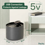 Dimensions diagram of 3L Petifo dog water fountain showing 17 x 20 x 15.5 cm measurements and 5V USB connection
