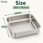 Petifo replacement pet bowl sizing diagram displaying the 20.5 x 20.5 cm dimensions for the stainless steel bowl.