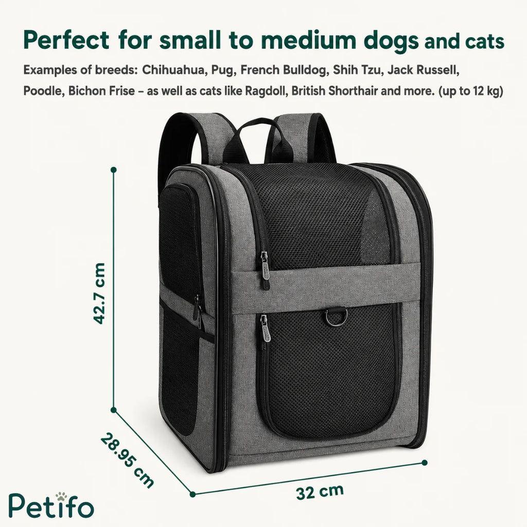 Dimensions of the gray pet backpack showing a height of 42.7 cm, width of 32 cm, and depth of 28.95 cm.