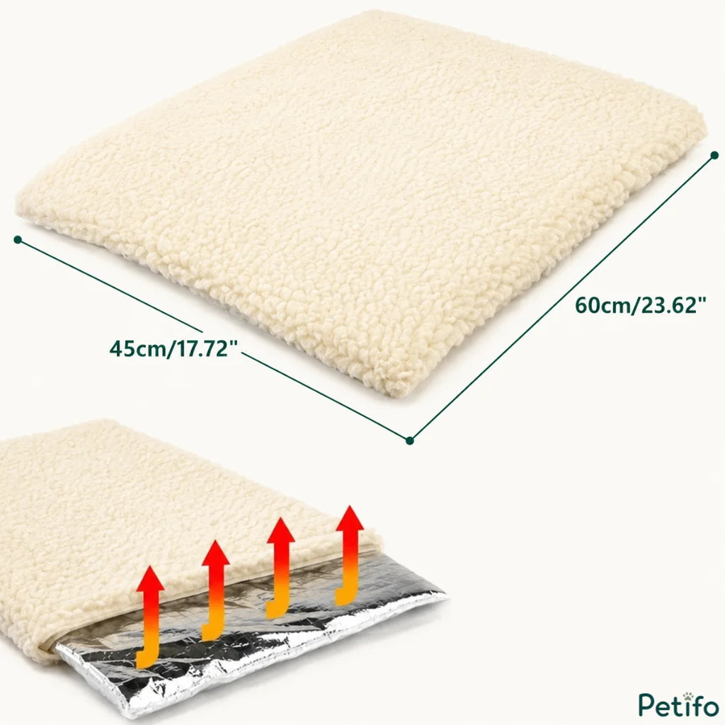 An image showing the dimensions of the pet mat as 45cm by 60cm (17.72 inches by 23.62 inches), along with a cutout view of the internal silver layer featuring upward red arrows indicating heat reflection.