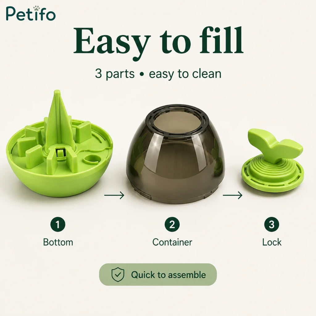 Exploded diagram showing three disassembled parts of Petifo treat dispenser for easy filling and cleaning