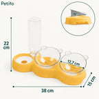 Dimension guide for the yellow Petifo automatic pet water dispenser and double bowl set measuring 38cm by 15cm by 22cm with a 15-degree tilt.