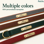 Flat lay display of four distinct leather collar colors (grey, brown, green, and red), each featuring a personalized brass nameplate.