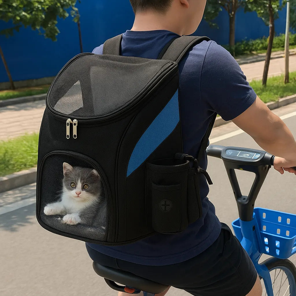 Katt i blå och svart ryggsäcksväska under cykeltur – Djurslottet
