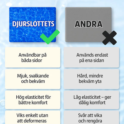 Djurslottets kylmatta jämförd med andra – dubbelsidig, svalkande och bekväm kontra enkel, hård och svår att rengöra