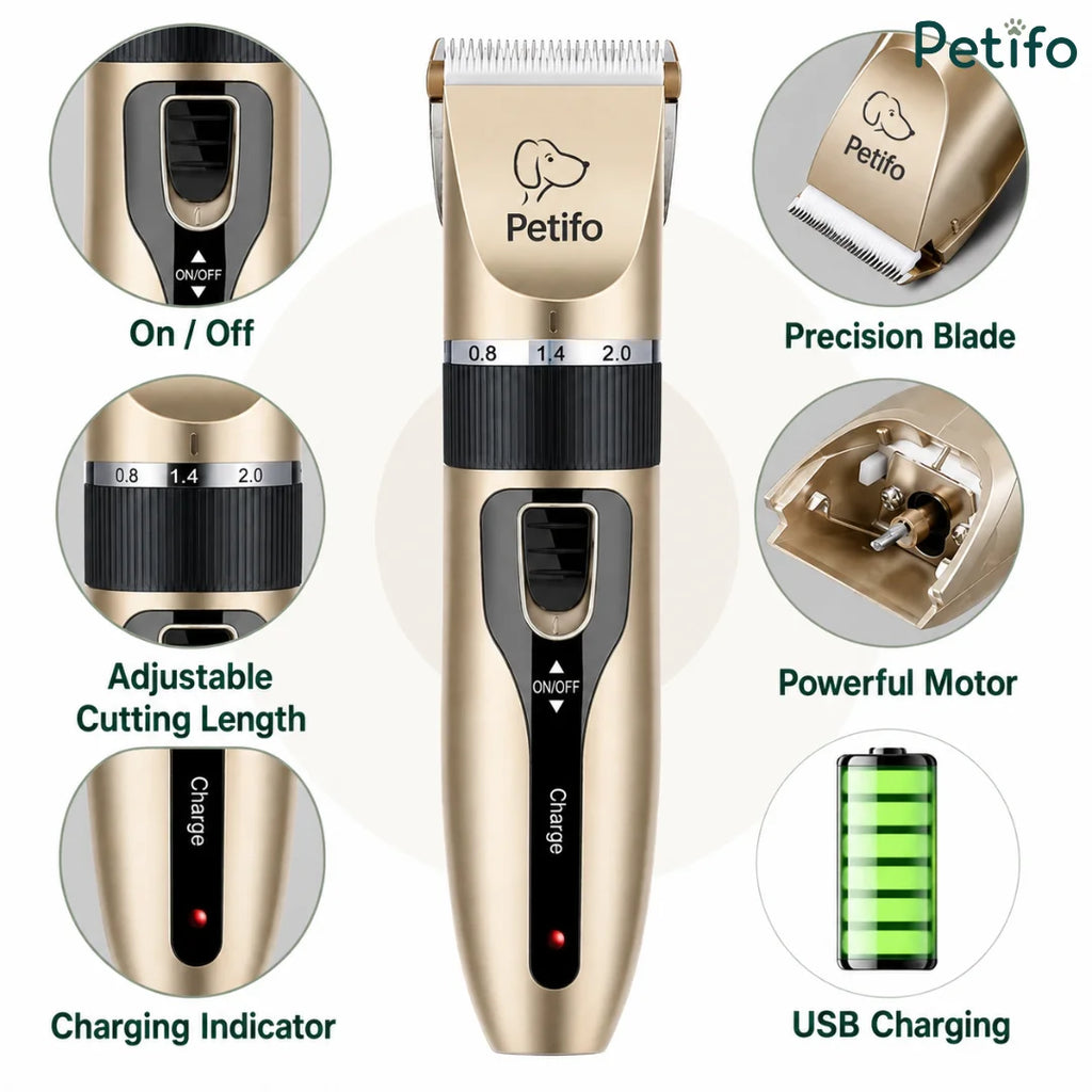 Feature breakdown infographic highlighting the main components and functions of the dog clipper.