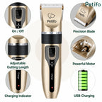 Feature breakdown infographic highlighting the main components and functions of the dog clipper.
