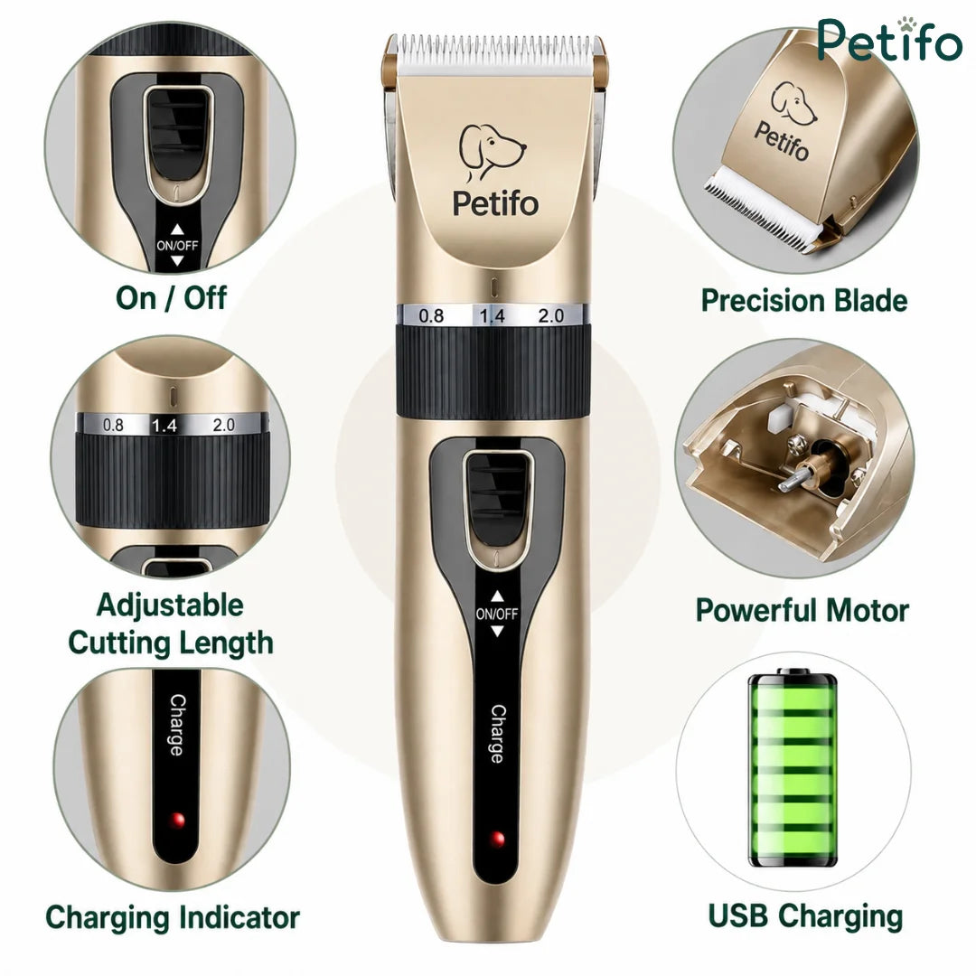 Feature breakdown infographic highlighting the main components and functions of the dog clipper.