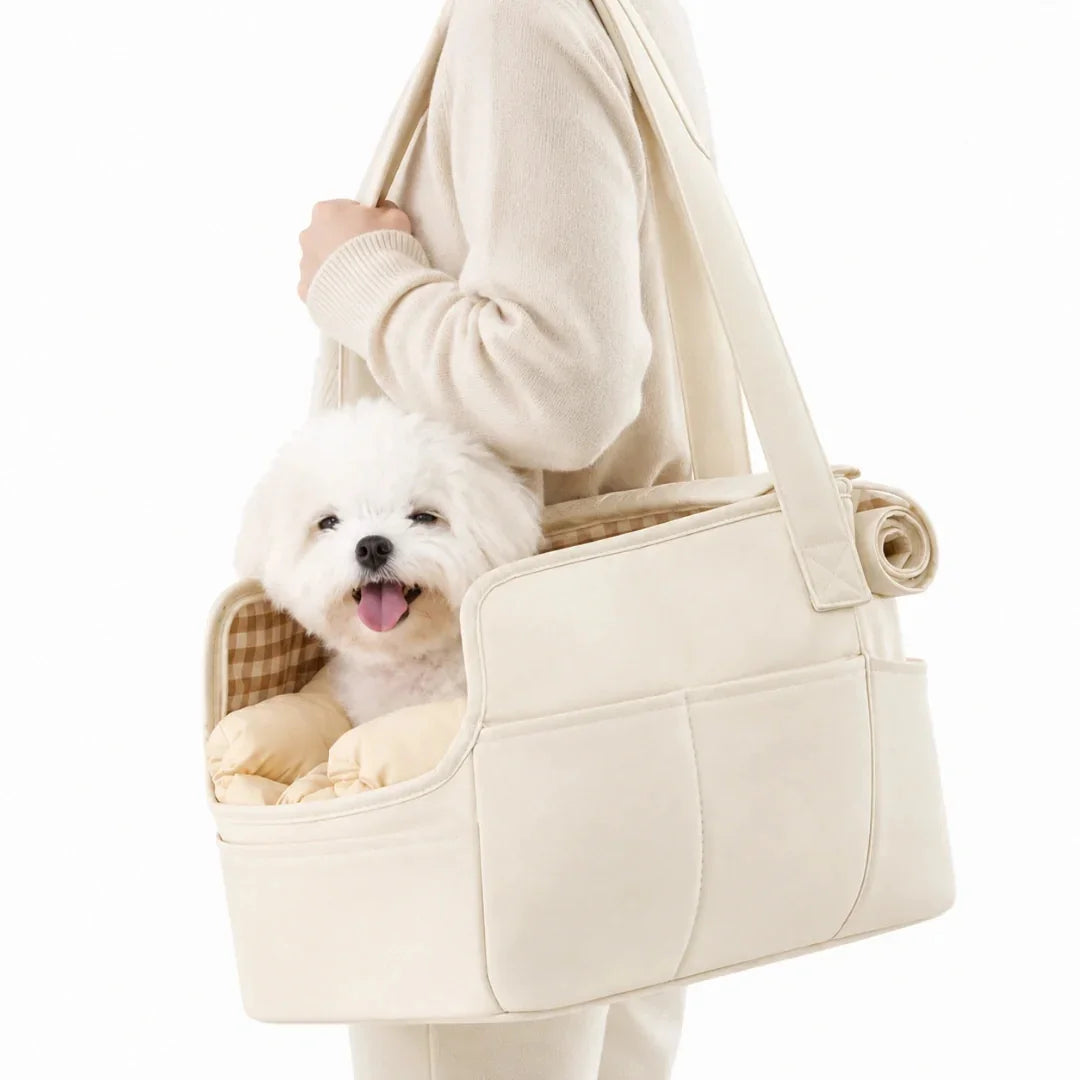 A small white Maltese dog sitting comfortably inside a beige Petifo pet carrier held by a person.