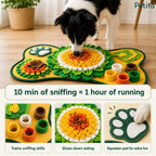 Border Collie sniffing a yellow and green snuffle mat with text stating that 10 minutes of sniffing equals 1 hour of running, highlighting sniffing skills, slow eating, and a squeaker pad.