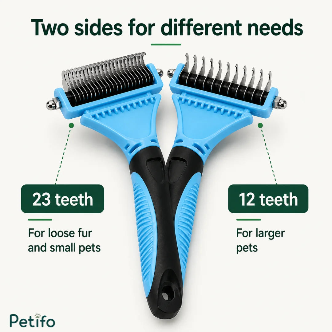 Petifo double-sided pet deshedding comb featuring 23 teeth on one side for loose fur and small pets, and 12 teeth on the other for larger pets.