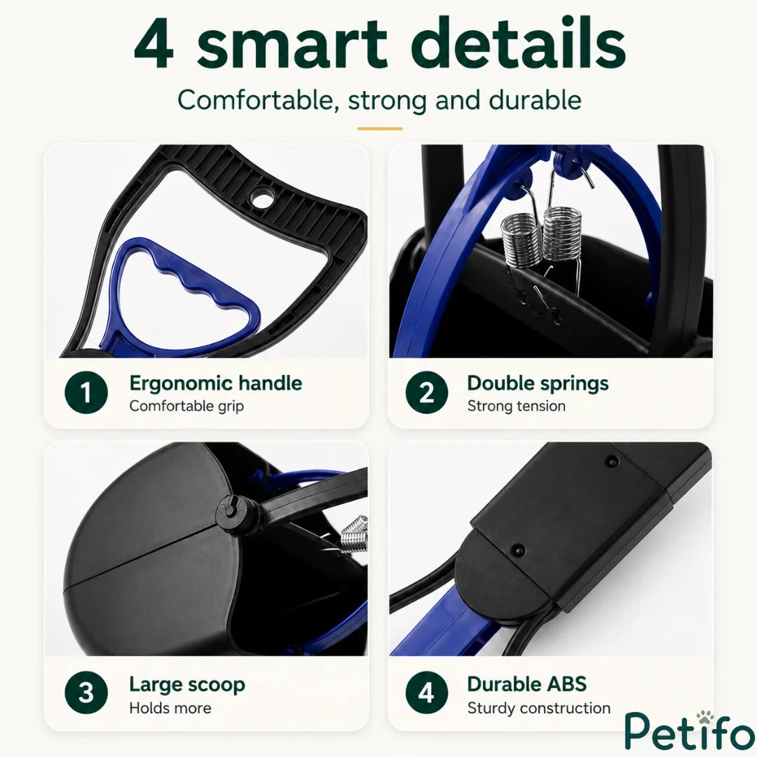 Four-feature breakdown detailing the ergonomic handle, double springs, large scoop capacity, and durable ABS construction.