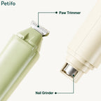 Close-up comparison of the dual-function attachments showing the paw trimmer and nail grinder.