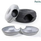 Disassembled view of the dual-layer felt cat tunnel bed showing its separate zippered halves.