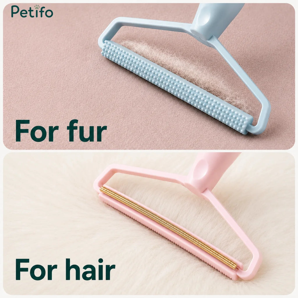 Dual-sided pet hair and fur remover tool showing textured nodes for fur and a metallic edge for hair