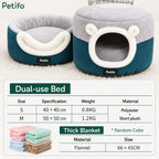 Size and material specifications chart for the Petifo dual-use cat bed and blanket