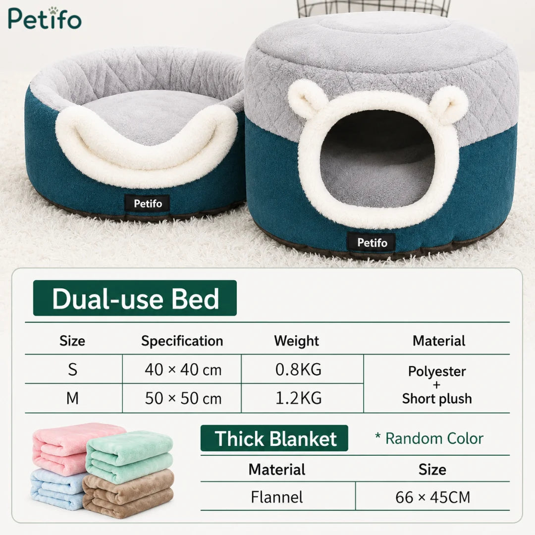 Size and material specifications chart for the Petifo dual-use cat bed and blanket