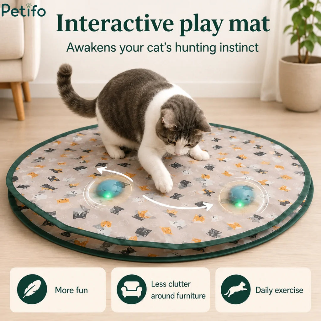Interactive cat play mat with dual moving light-up balls designed to awaken hunting instincts and provide daily exercise.