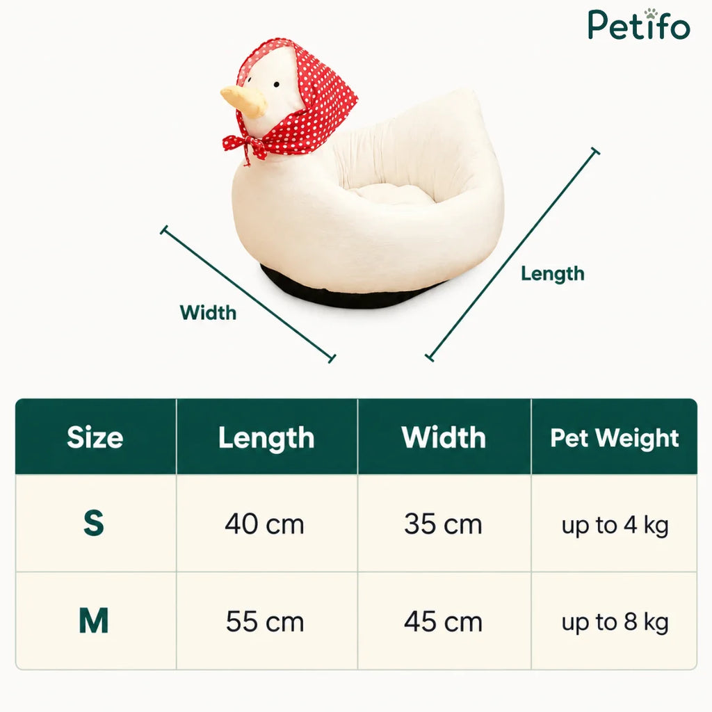 Size chart and dimension guide for the Petifo duck-themed plush pet bed showing small and medium options.