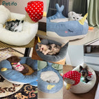 Collage showing various cats and small dogs relaxing in Petifo narwhal and duck plush pet beds.