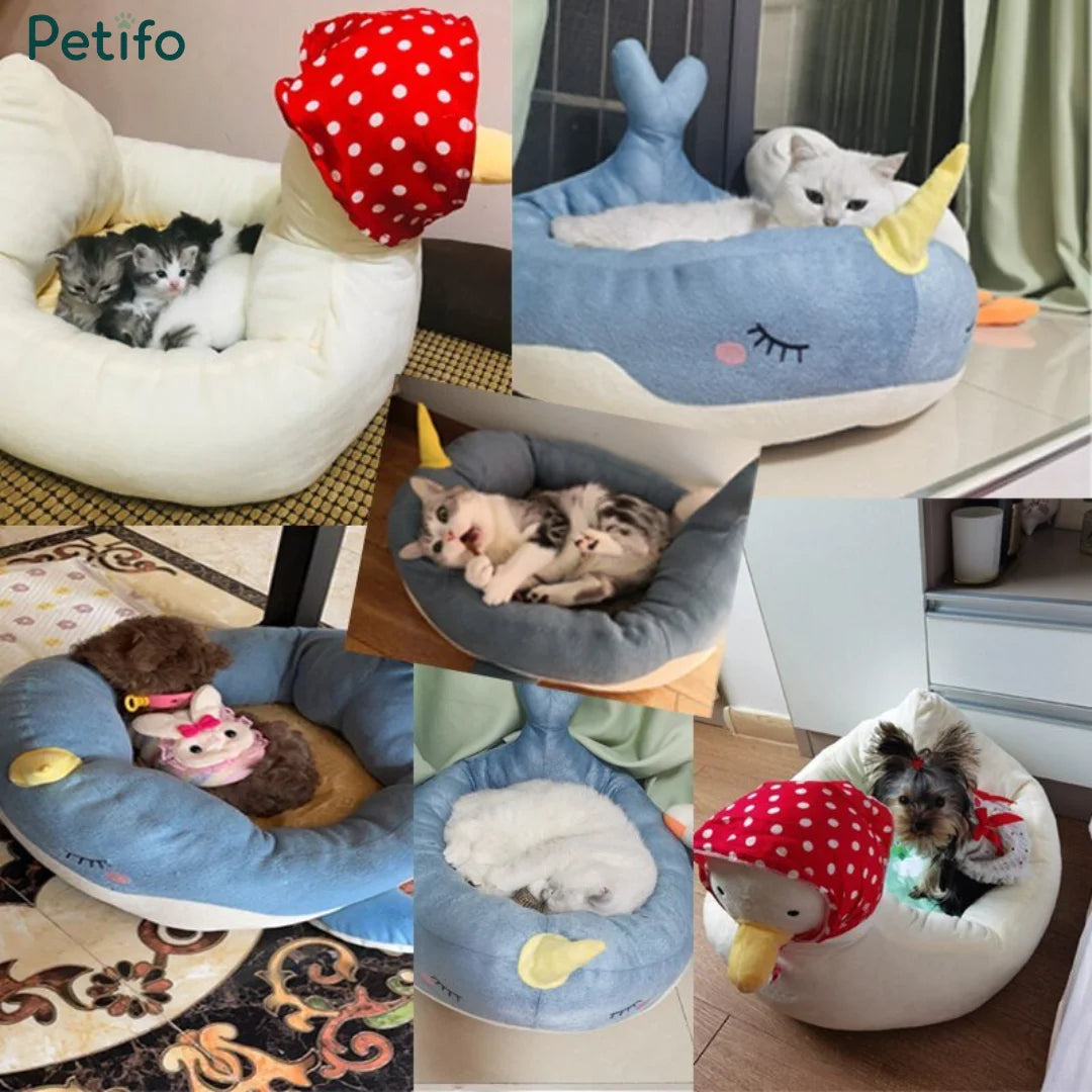 Collage showing various cats and small dogs relaxing in Petifo narwhal and duck plush pet beds.