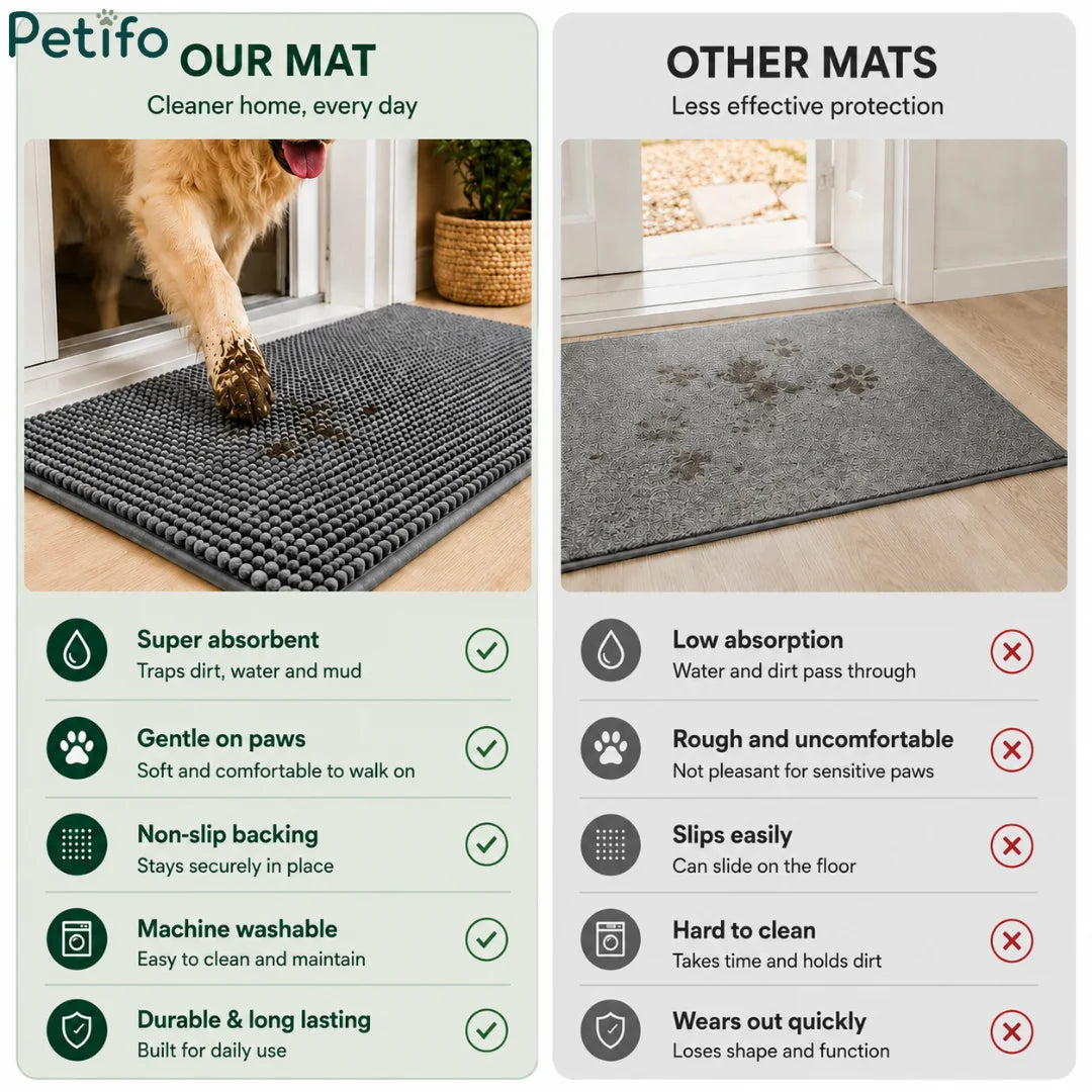 Feature comparison infographic highlighting the superior absorption, non-slip backing, and durability of the absorbent dog door mat versus standard mats.
