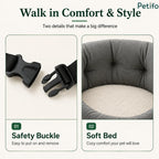 Close-up product highlights featuring a durable black safety buckle and a soft fluffy interior bed for pet car seats.