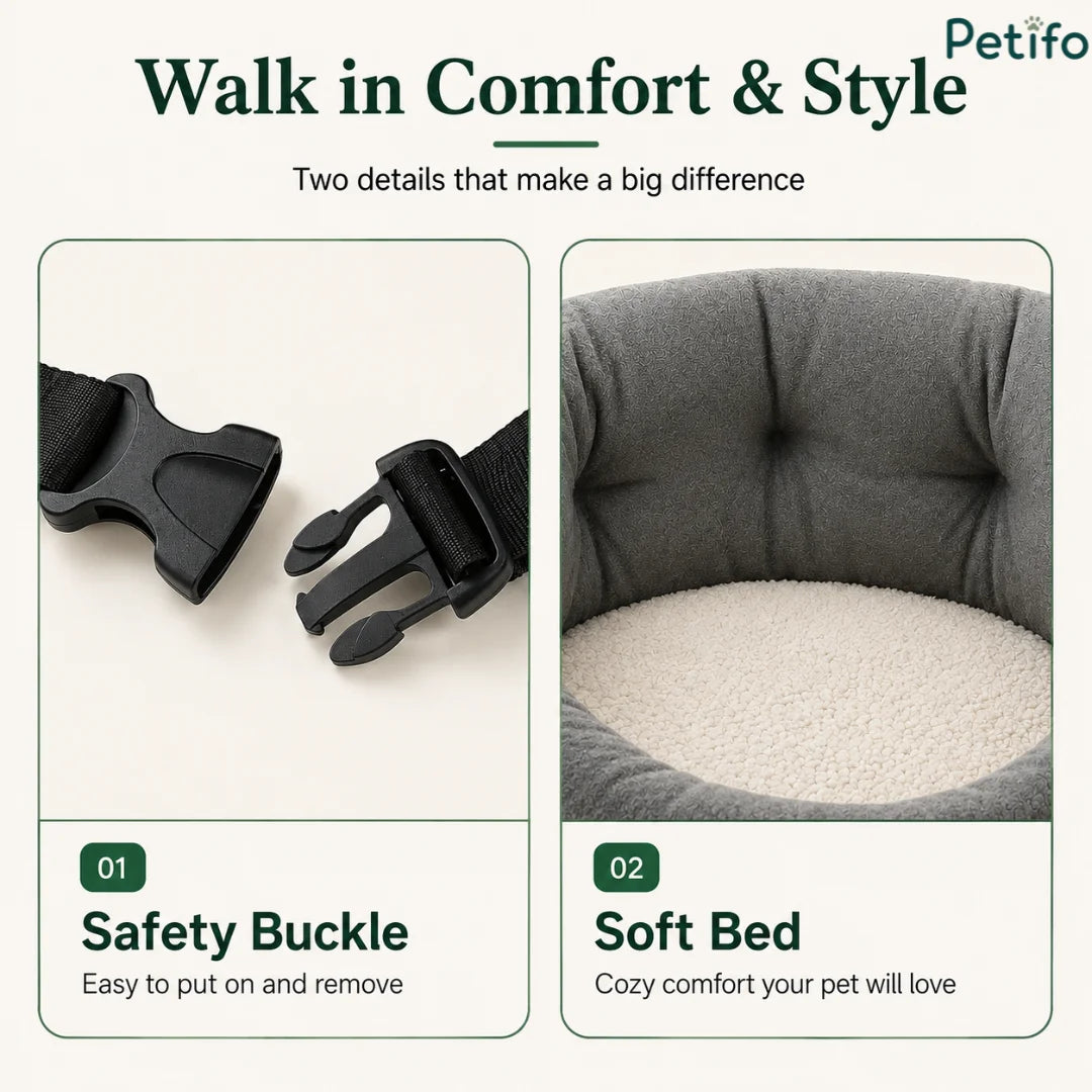 Close-up product highlights featuring a durable black safety buckle and a soft fluffy interior bed for pet car seats.