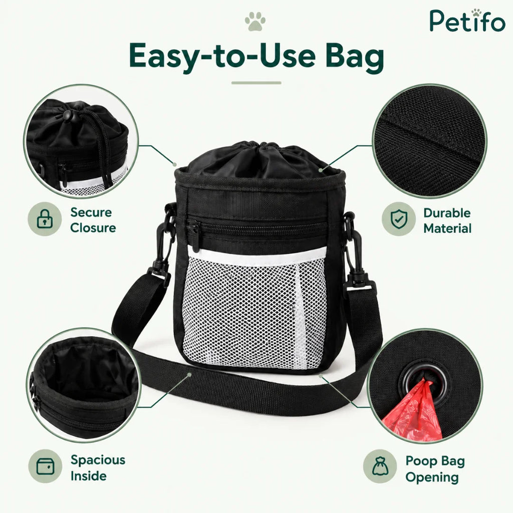 An overview infographic highlighting the secure closure, durable material, spacious interior, and poop bag opening of a training bag.