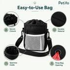 An overview infographic highlighting the secure closure, durable material, spacious interior, and poop bag opening of a training bag.