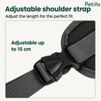 Close-up of the durable adjustable shoulder strap showing a 15 cm length extension range.