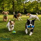 Various happy dogs playing outdoors on green grass with multi-colored durable interactive rope dog toys.
