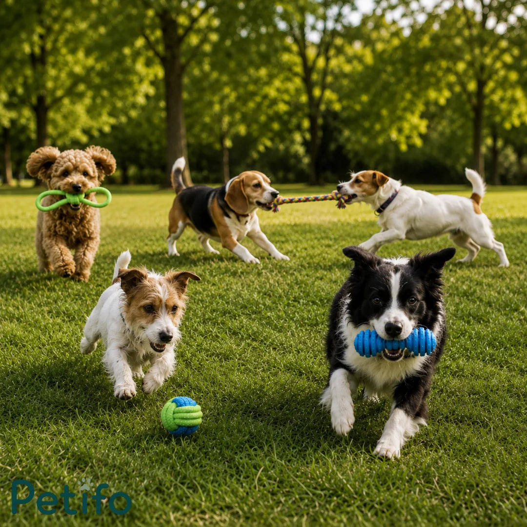 Various happy dogs playing outdoors on green grass with multi-colored durable interactive rope dog toys.
