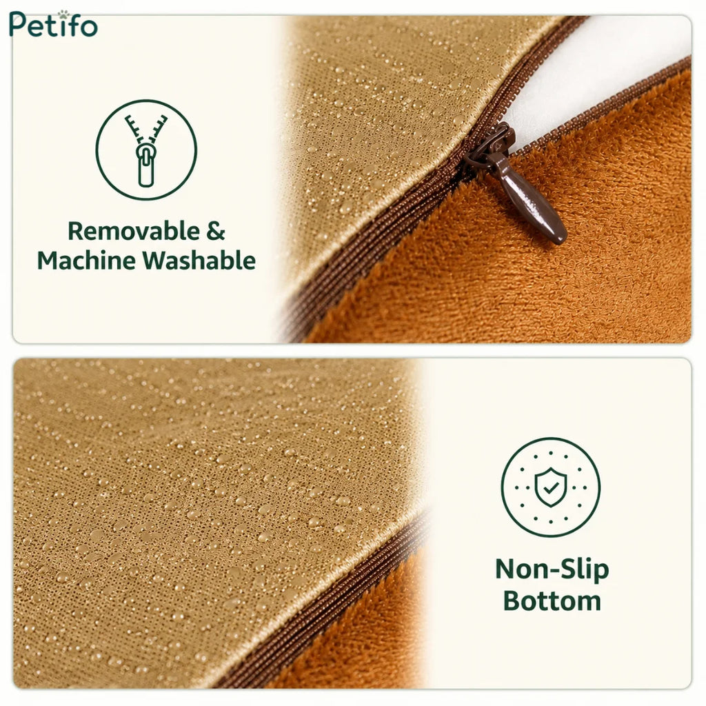 Details of the Petifo carrot plush toy showing its durable zipper, machine-washable fabric, and non-slip bottom.