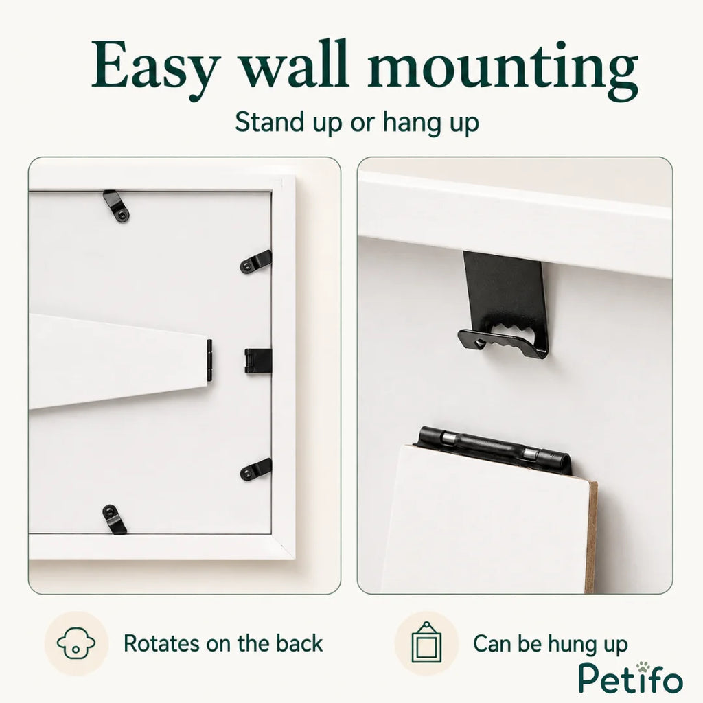 Detailed view of the back of the picture frame demonstrating the easel stand, rotating clips, and wall-hanging hardware.