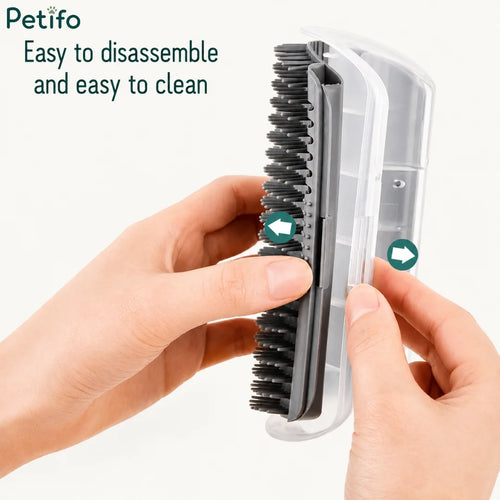 Hands demonstrating how to easily disassemble and clean the components of the silicone cat groomer.