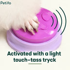 Close-up of a fluffy dog paw easily pressing down on an interactive purple pet communication button.