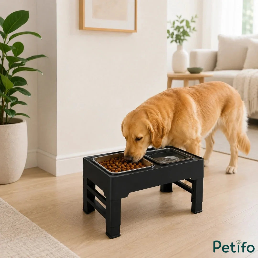 Golden Retriever dog eating food from the Petifo UpFeed Pro elevated feeding station placed inside a modern home living room.
