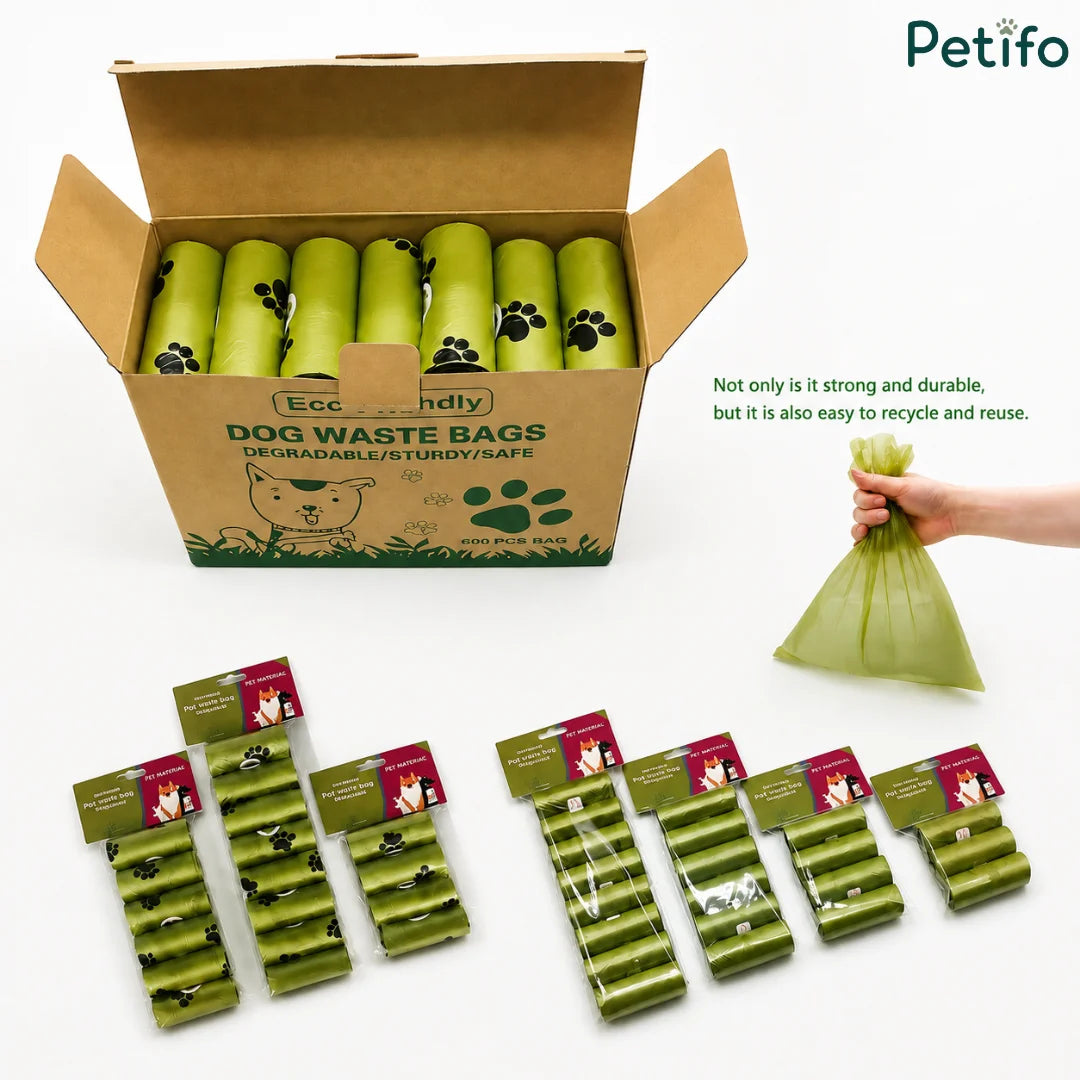 Open bulk cardboard box of eco-friendly dog waste bags with packaged bundles and a tied bag.