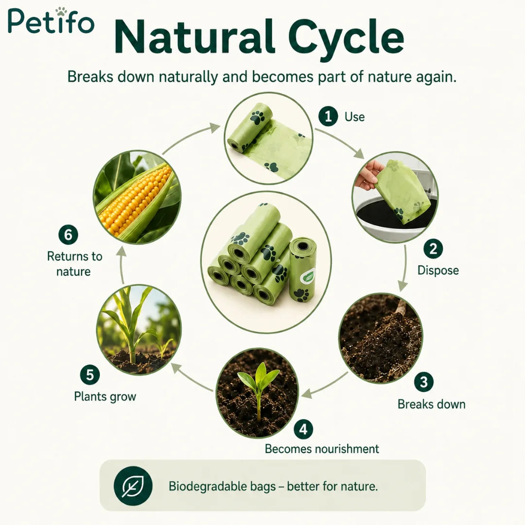 Biodegradable natural cycle infographic demonstrating how eco-friendly refill bags break down into nature.