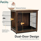 An educational graphic showcasing the Petifo dog crate’s dual-door design, waterproof surface, and reversible side panel installation for flexible placement.
