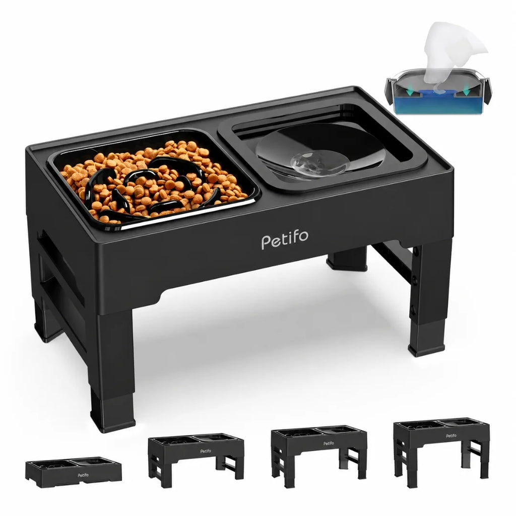 Adjustable elevated black pet feeder with a slow feeder bowl and water dispenser.