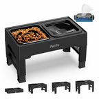 Adjustable elevated black pet feeder with a slow feeder bowl and water dispenser.