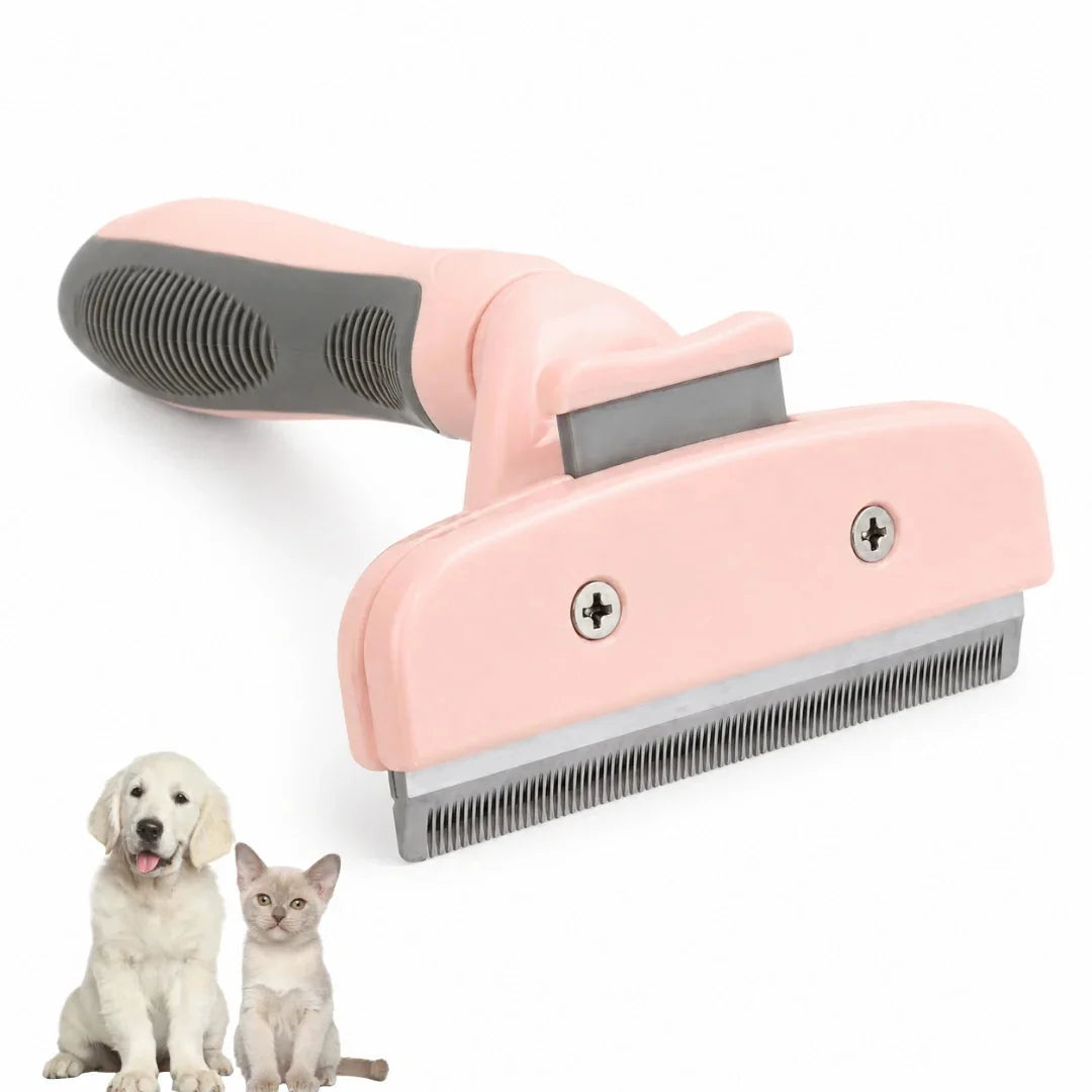 Pink pet deshedding brush featuring an ergonomic grip handle displayed next to a dog and cat.