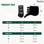 Product sizing chart showing exact dimensions for hind and front horse leg boots in sizes small, medium, and large.