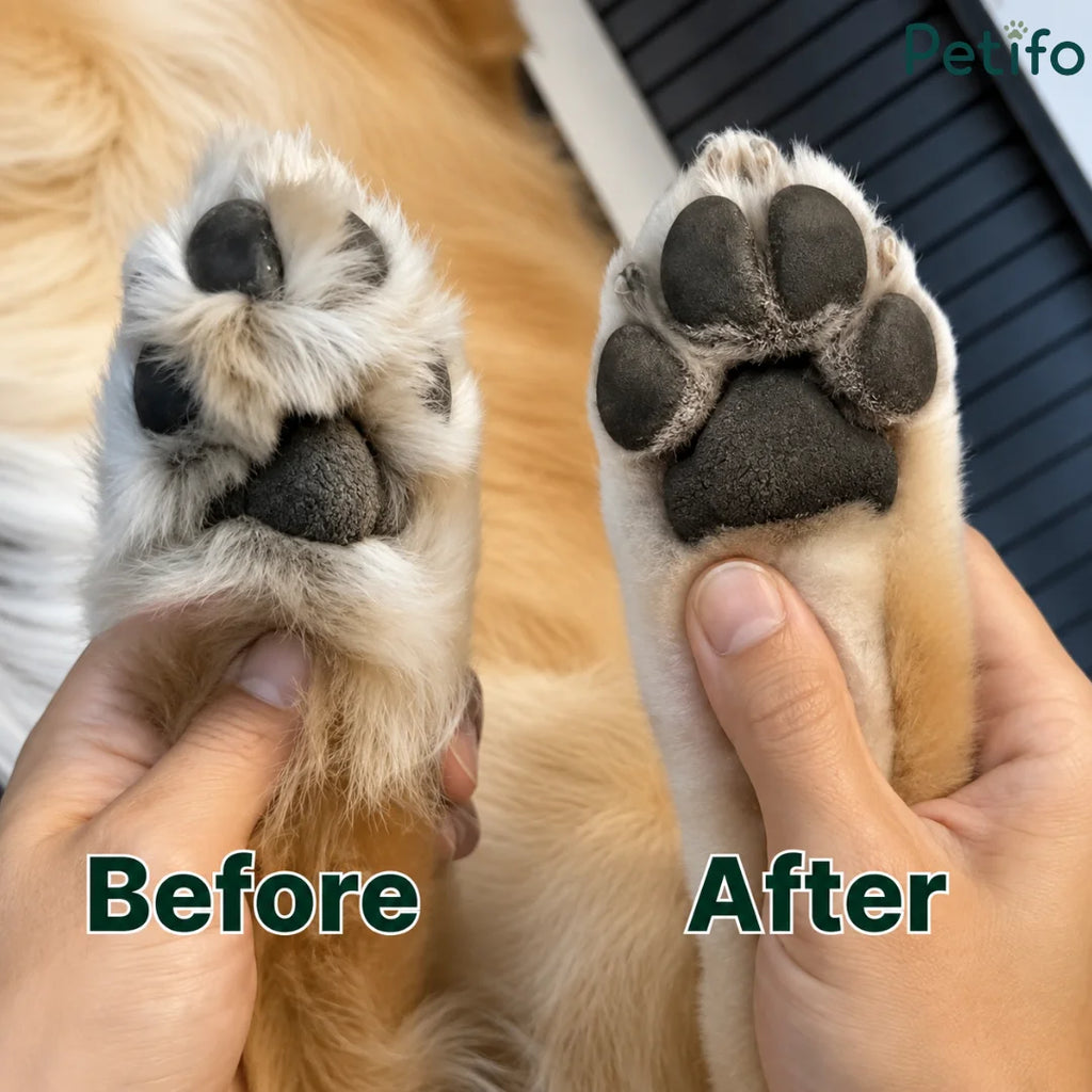 Before-and-after comparison showing a dog's paw before and after trimming excess fur with precision clippers.