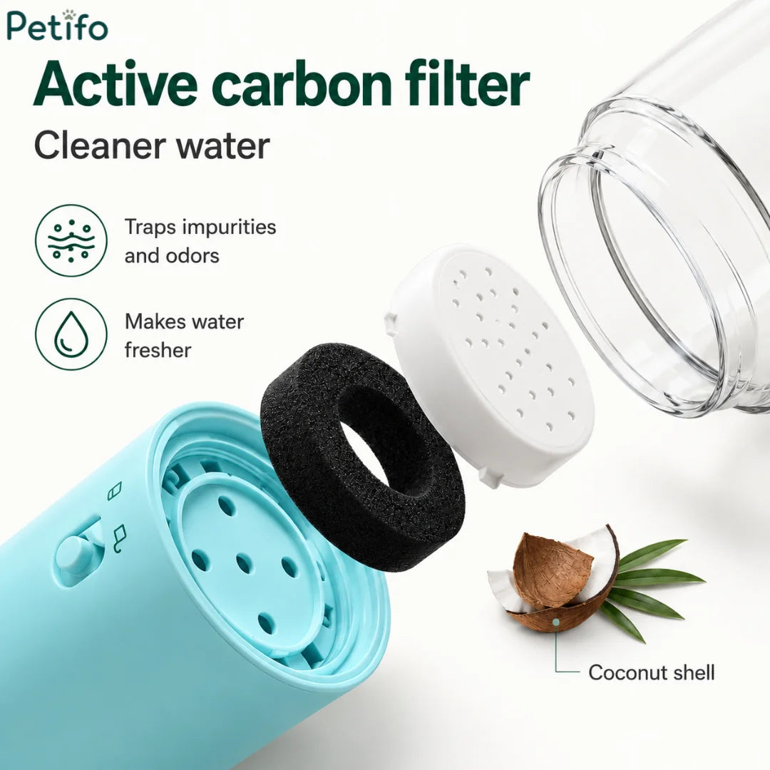 Exploded view of the Petifo active carbon filter made from coconut shells to trap impurities and odors.