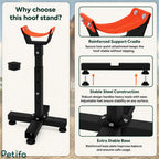 Feature highlights diagram showcasing the reinforced cradle, stable steel construction, and extra stable base of the hoof stand.
