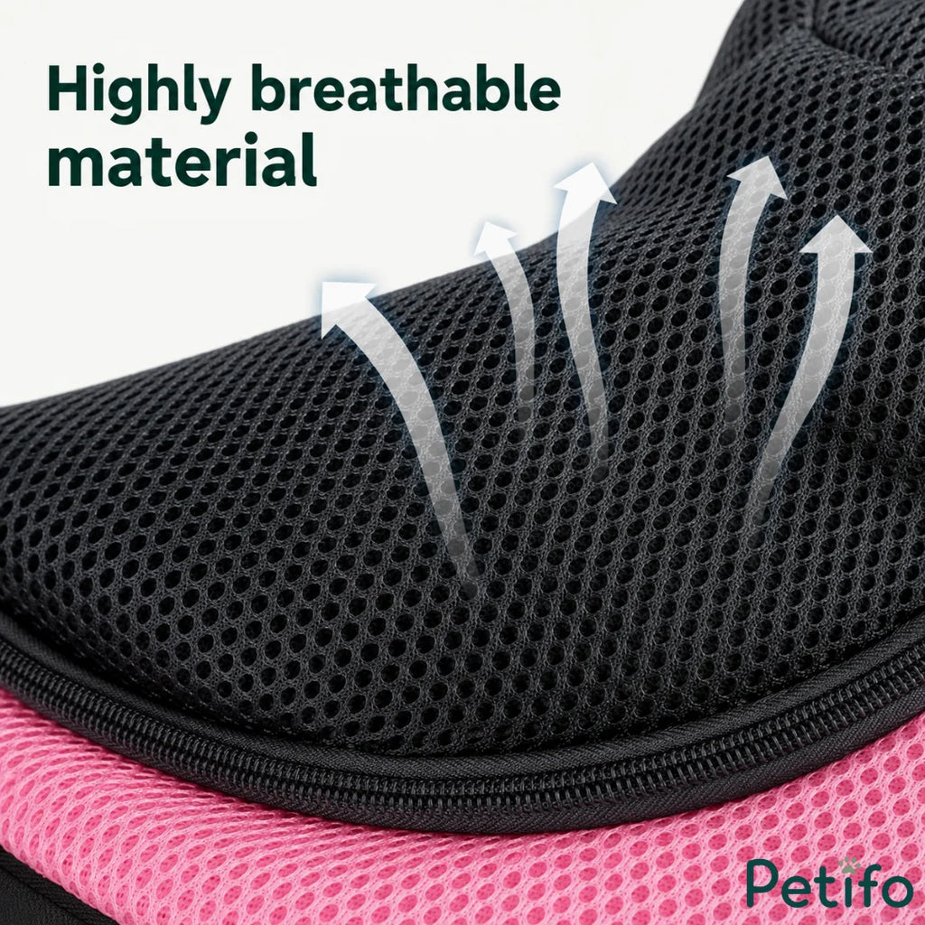 Close-up view of the highly breathable mesh fabric used in the ergonomic pet sling carrier.